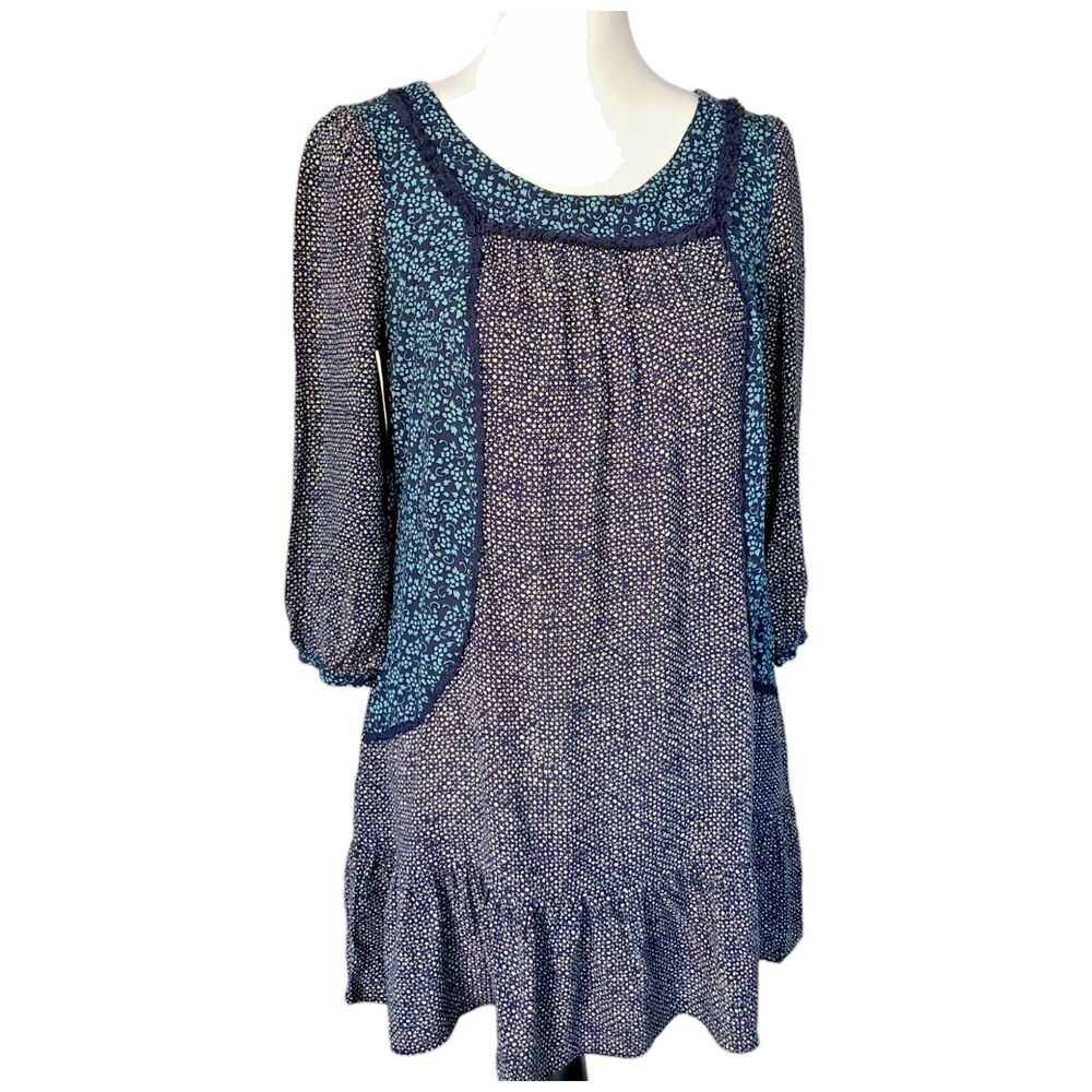 Anthropologie Holding Horses Boho Short Blue Floral Geo Print Pockets Dress Sz 0